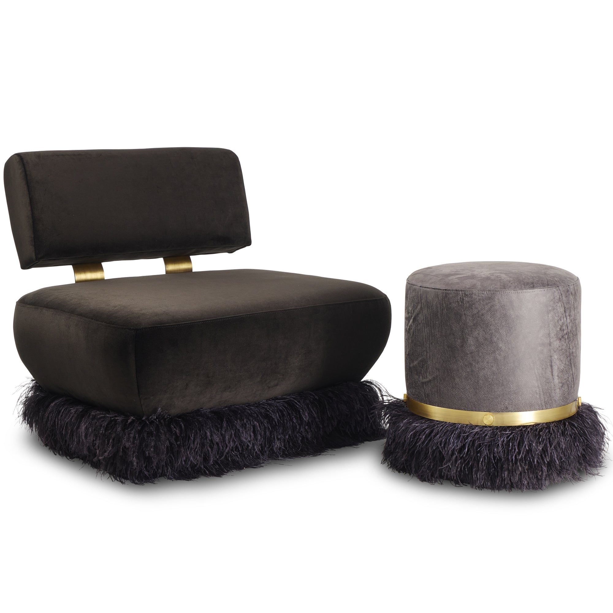 Ostrich Fluff Pouf Black Leather