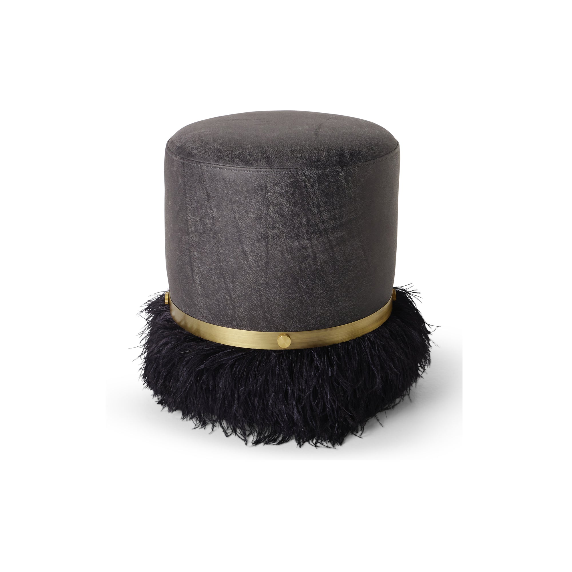 Ostrich Fluff Pouf Black Leather