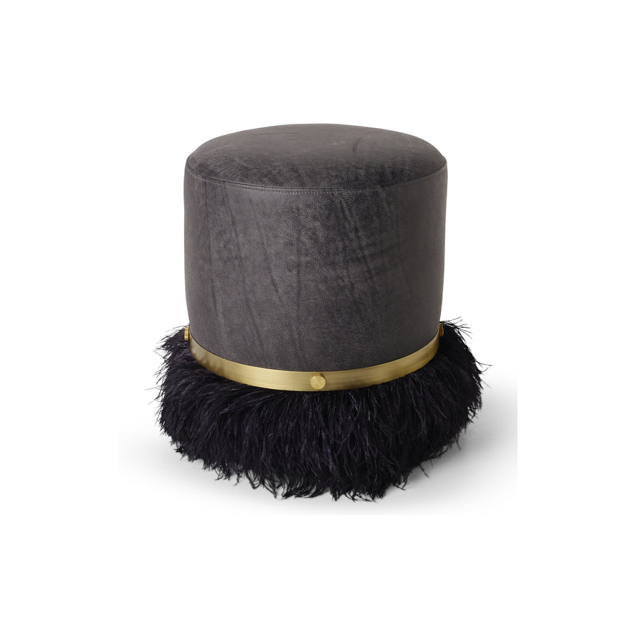 Ostrich Fluff Pouf Black Leather