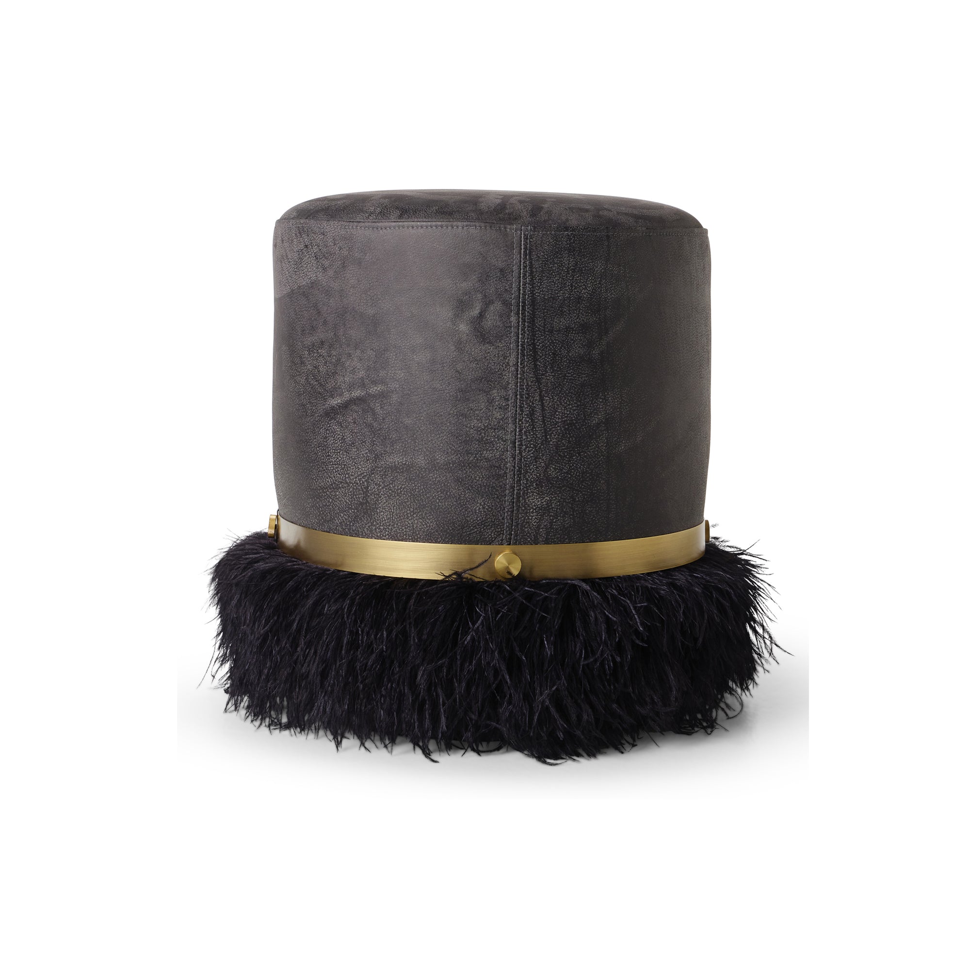 Ostrich Fluff Pouf Black Leather